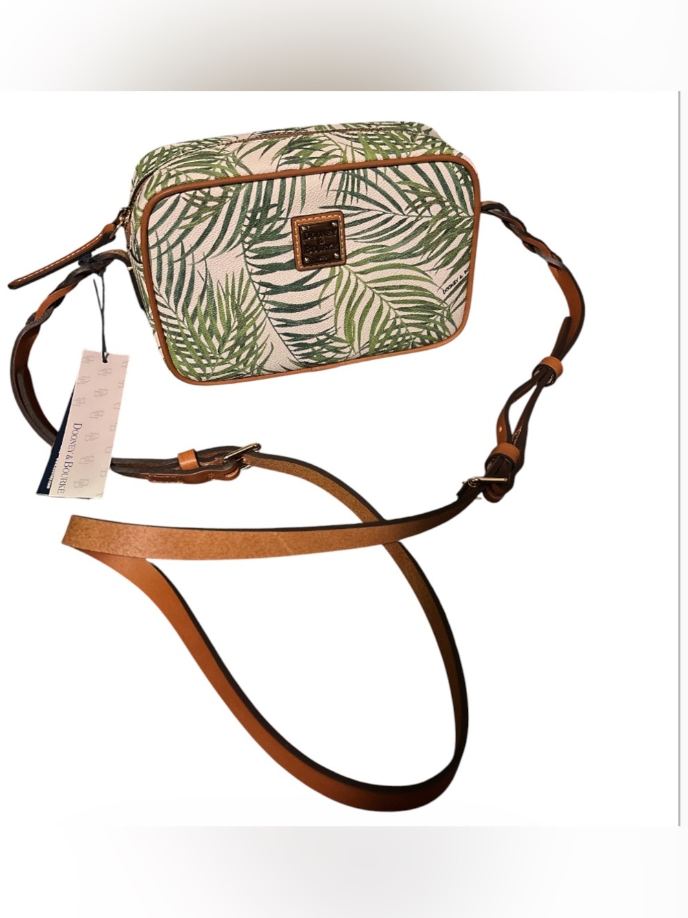 Dooney & Bourke Green Siesta key Loni Print Crossbody with Tan leather Trim NWT